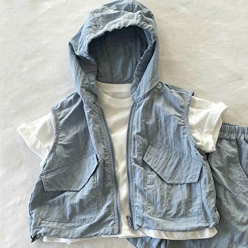 Kids Hooded Vest Casual Shorts 3-Piece Set