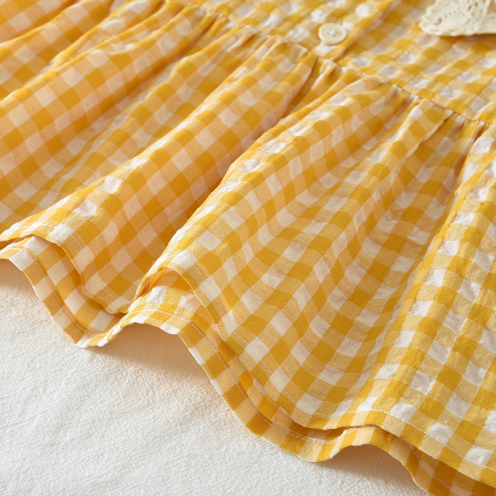 Kids Lace Trimmed Turnover Collar Plaid Top and Shorts Set