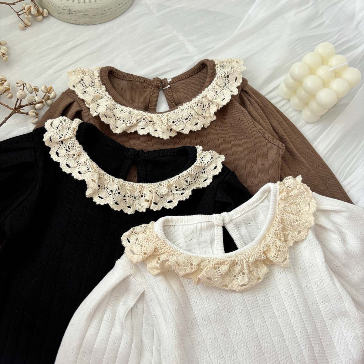 Baby Cut-Out Lace Round Neck Stripe Onesie