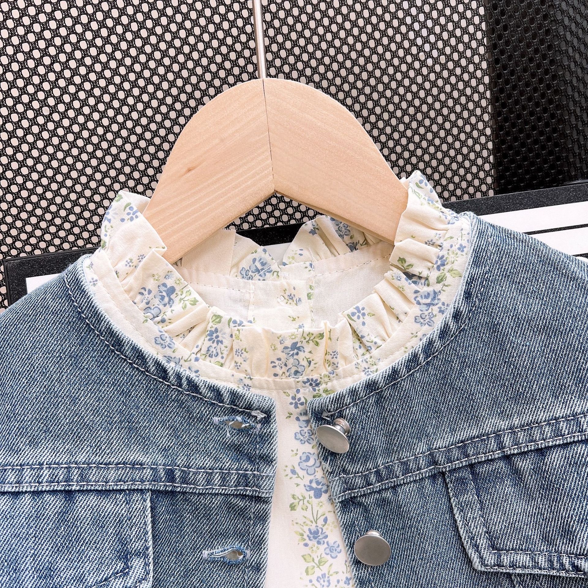 Kids Denim Outerwear and Floral Tiered Dress Set