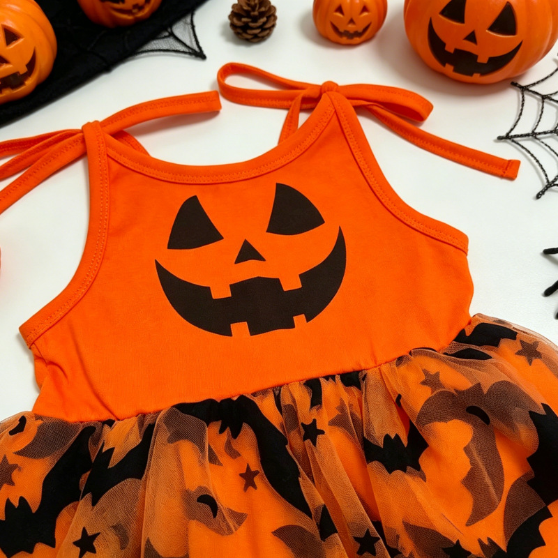 Baby Toddler Halloween Pumpkin Bat Bow Vest Mesh Dress