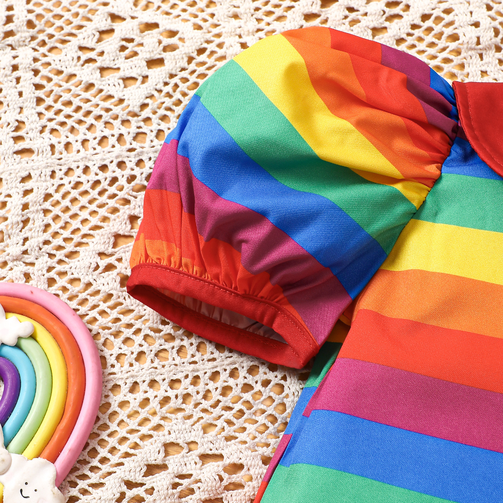 Baby Toddler Rainbow Striped Puff-Sleeve Shirt and Faux Denim Pinafore Dress Set
