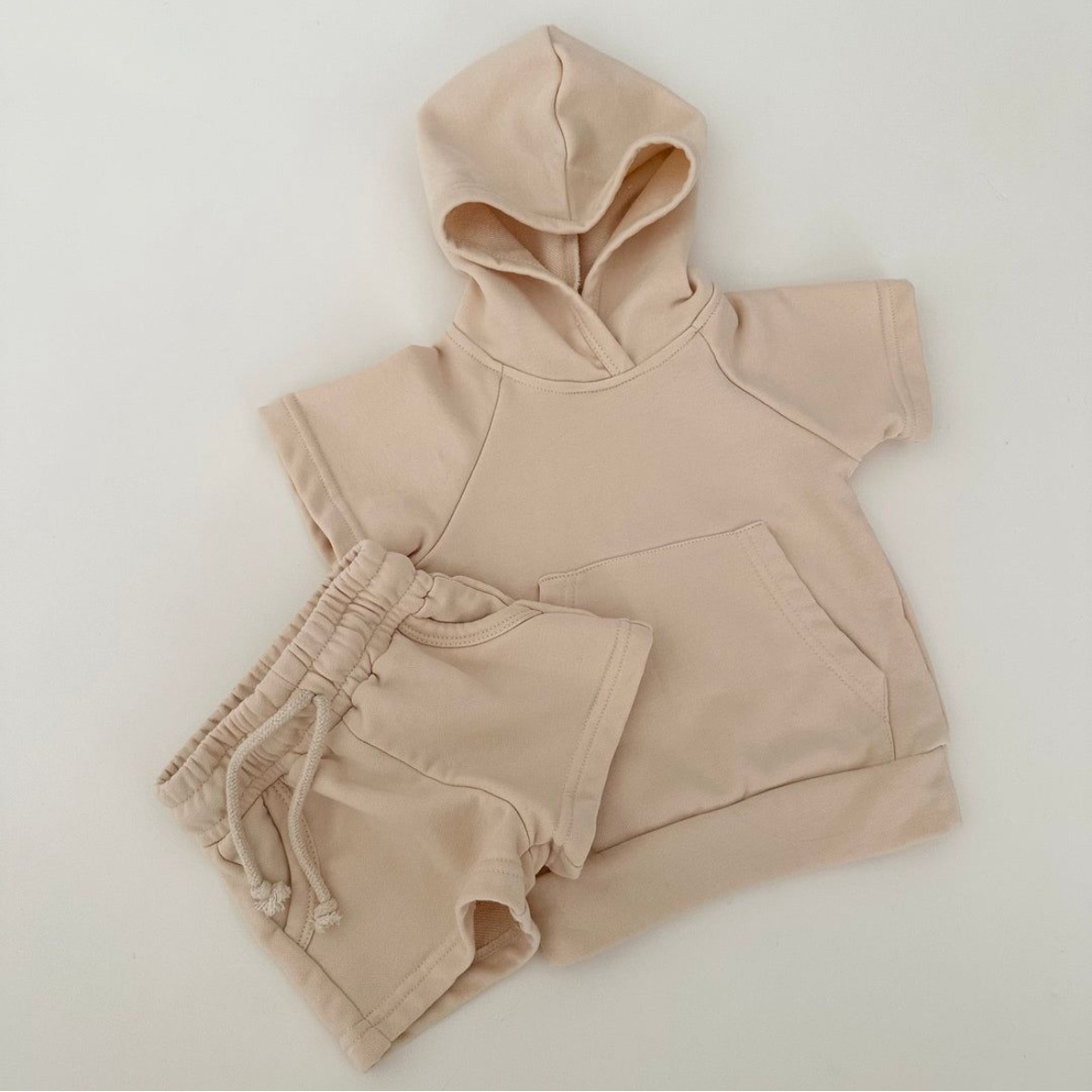 Baby Toddler Solid Color Hooded Top and Short Pants Set