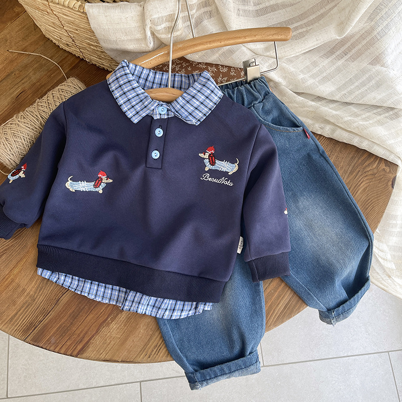 Kids Collared Dachshund Long Sleeved Top and Pants Set