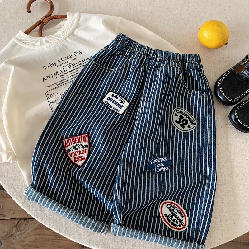 Kids Striped Labeling Straight-Leg Denim Pants