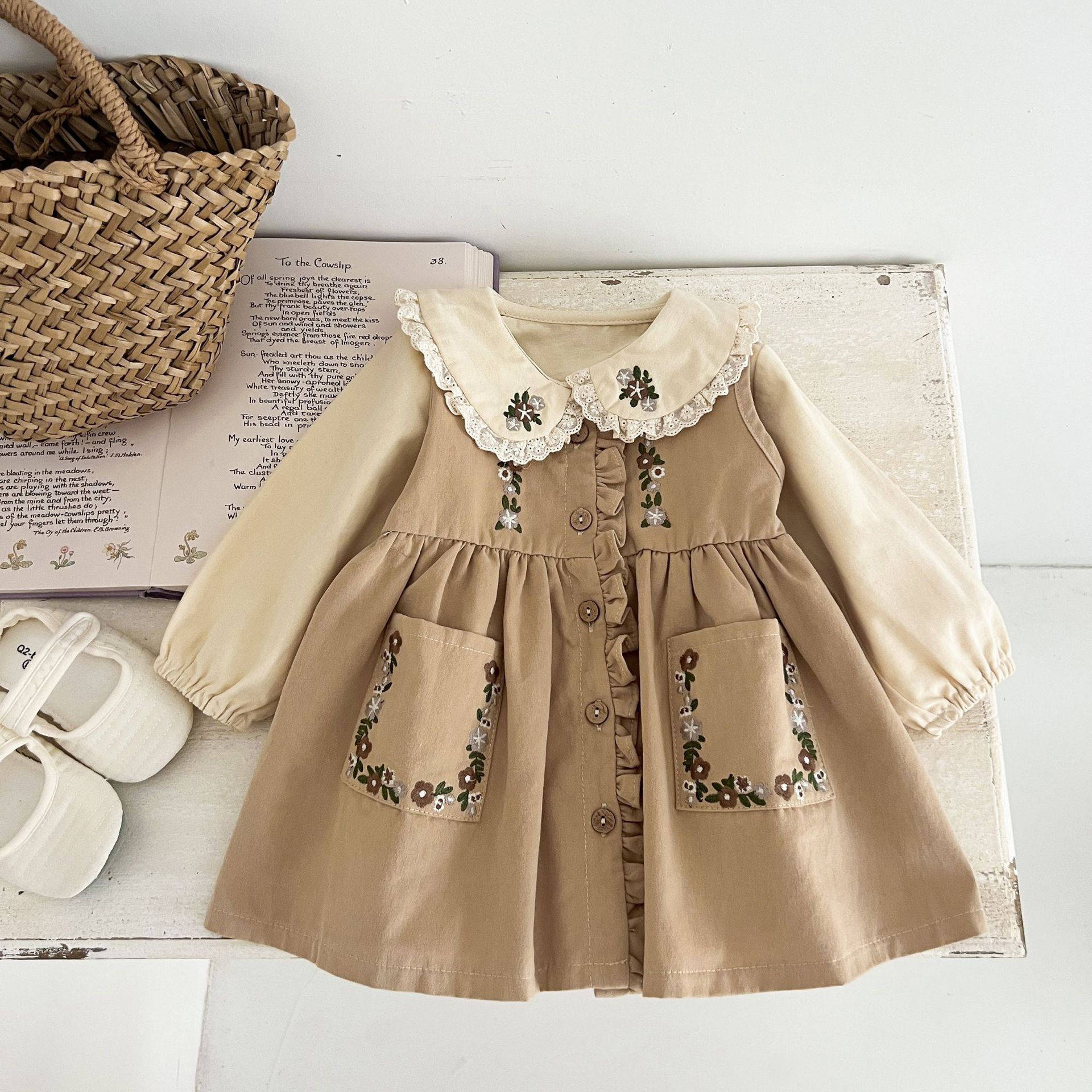 Kids Floral Embroidery Puff Sleeves Top and Vest Dress 2-Piece Set
