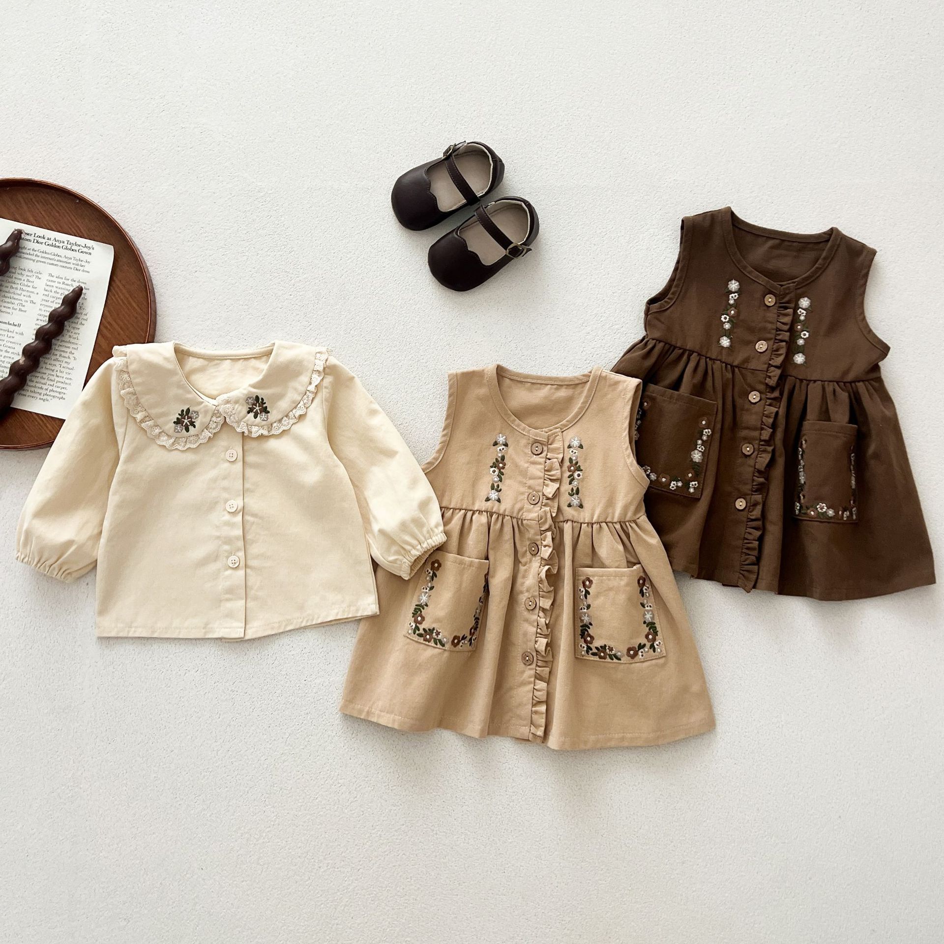 Kids Floral Embroidery Puff Sleeves Top and Vest Dress 2-Piece Set