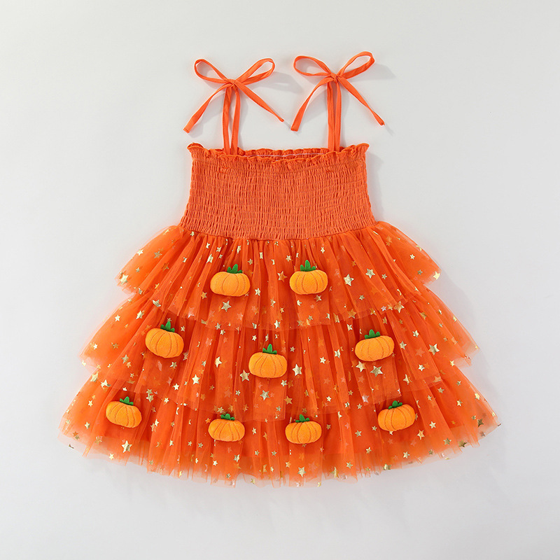 Kids Ghost Pumpkin Mesh Fabric Cami Dress