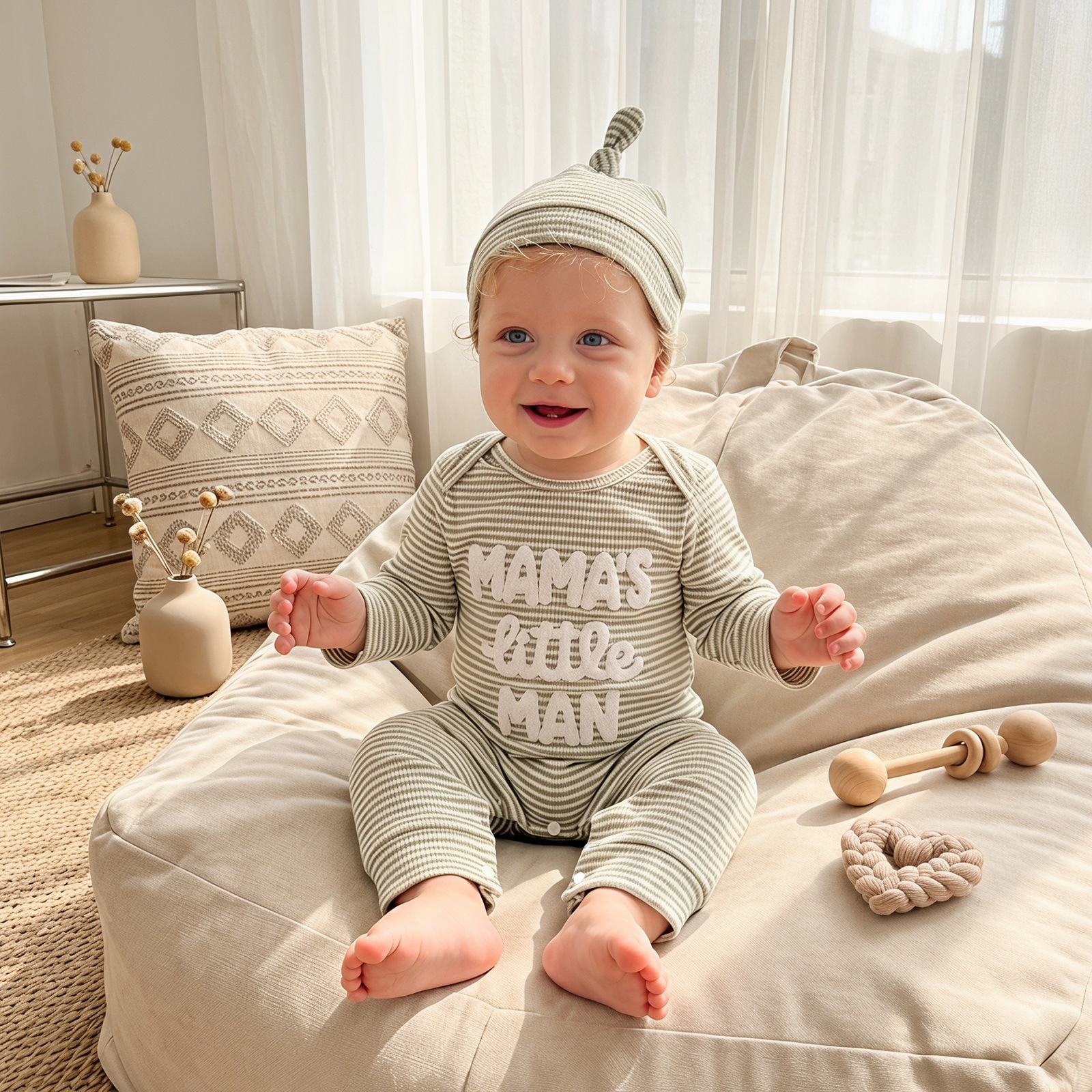 DAD'S LITTLE DUDE Baby Waffle Letter Embroidery Stripe Onesie with Hat
