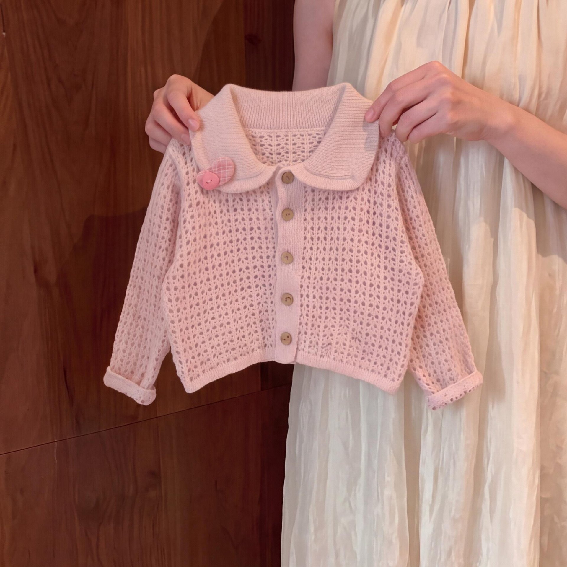 Kids Open Knit Cardigan Top and Polka Dot Short Pants Set