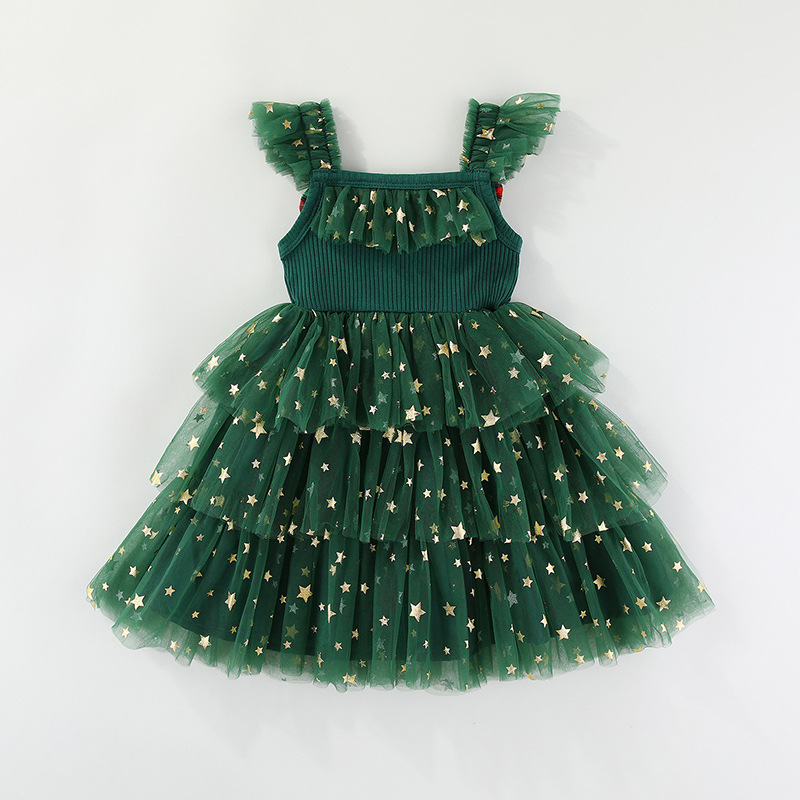 Kids Christmas Tulle Flowers Star Dress