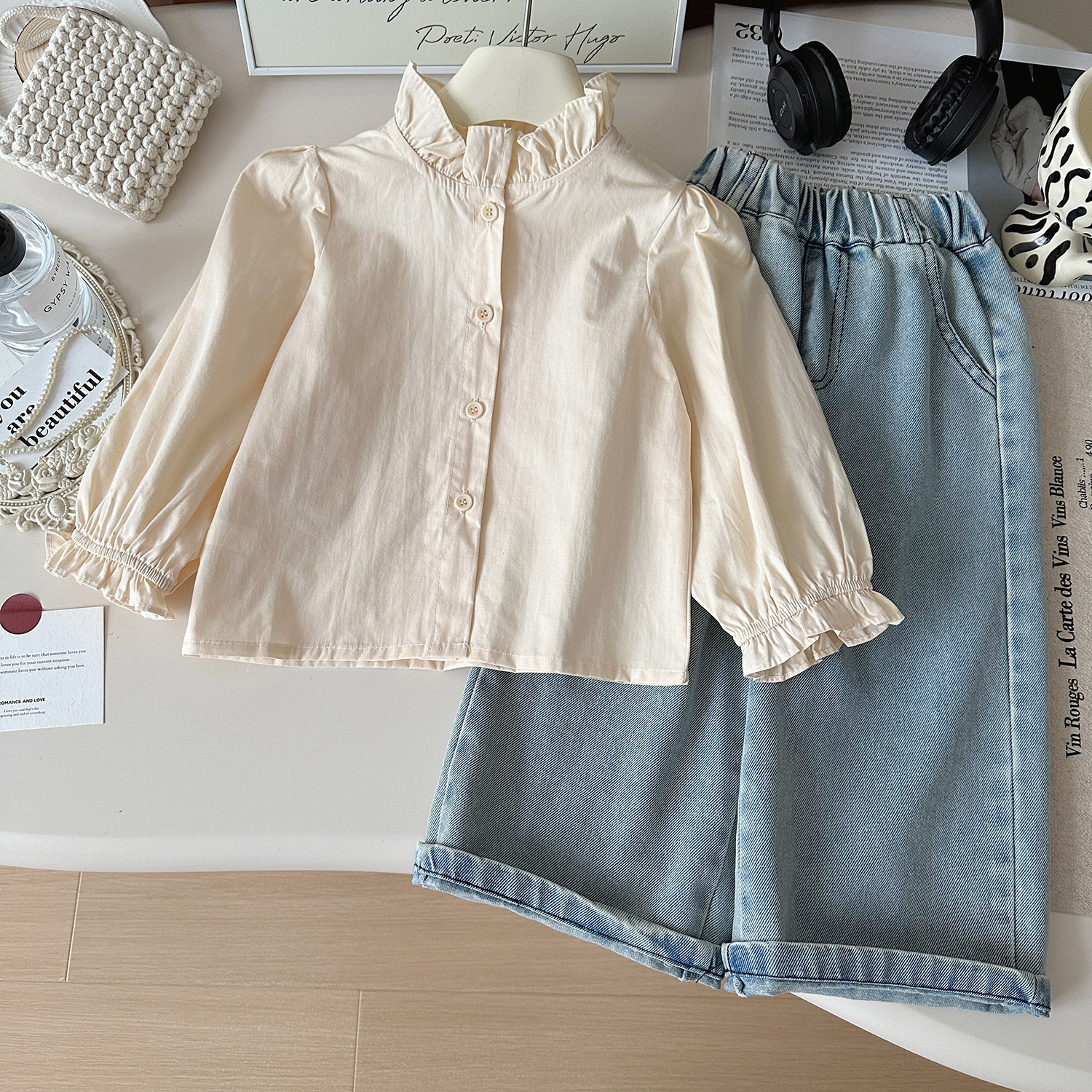 Kids Ruffled Puff Sleeves Denim 3-Piece Set