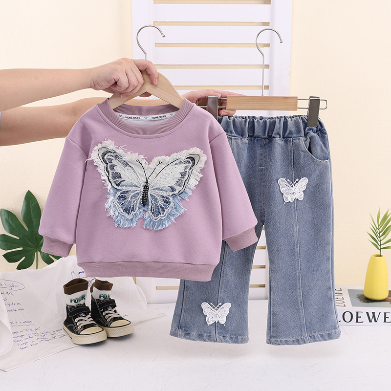 Kids Bow Sweatshirt and Denim Pants Set