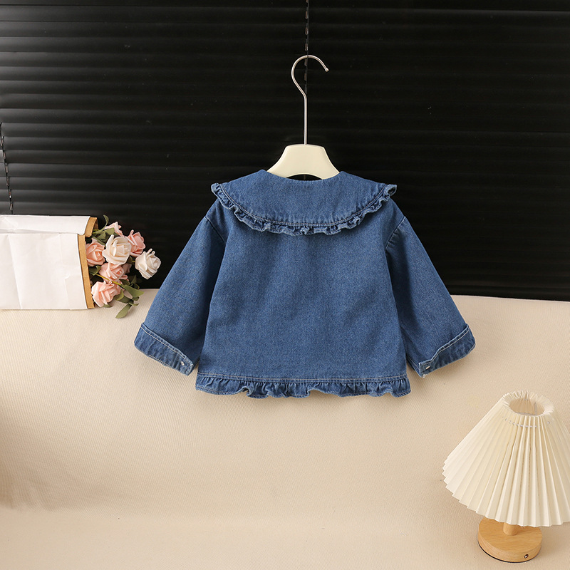 Kids Cat Bow Ruffle Trim Denim Outerwear