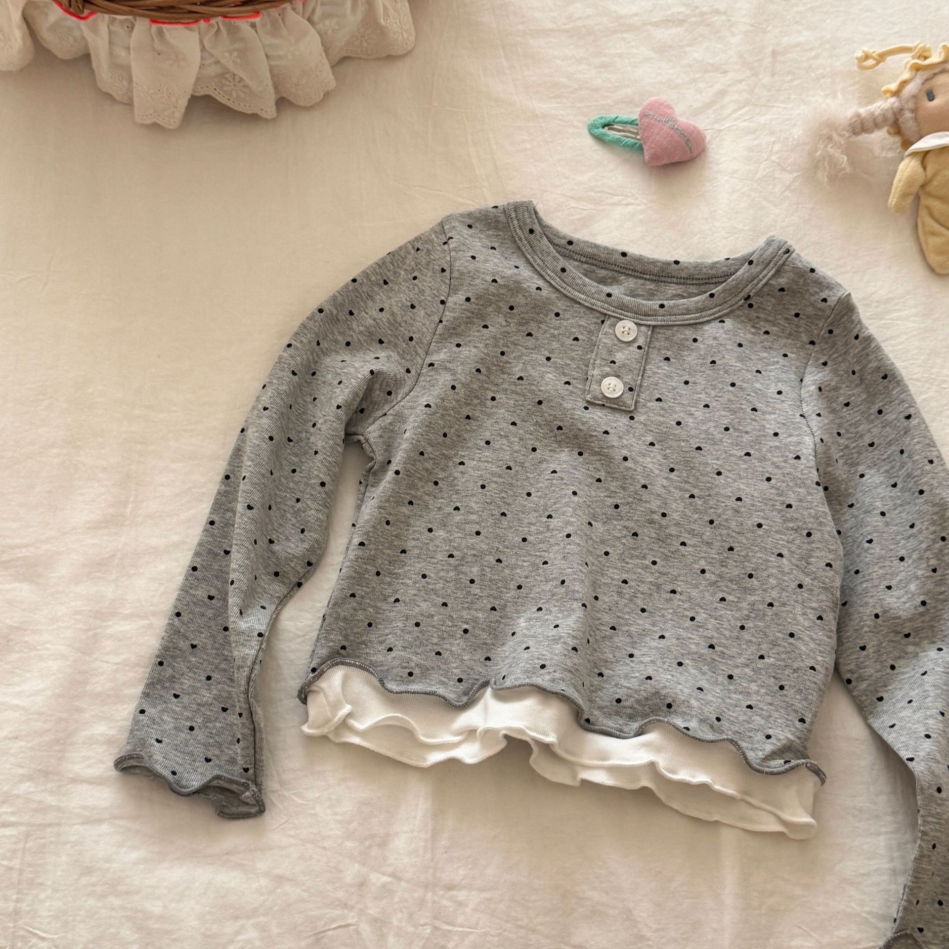 Kids Wood Ear Edge Polka Dots Top