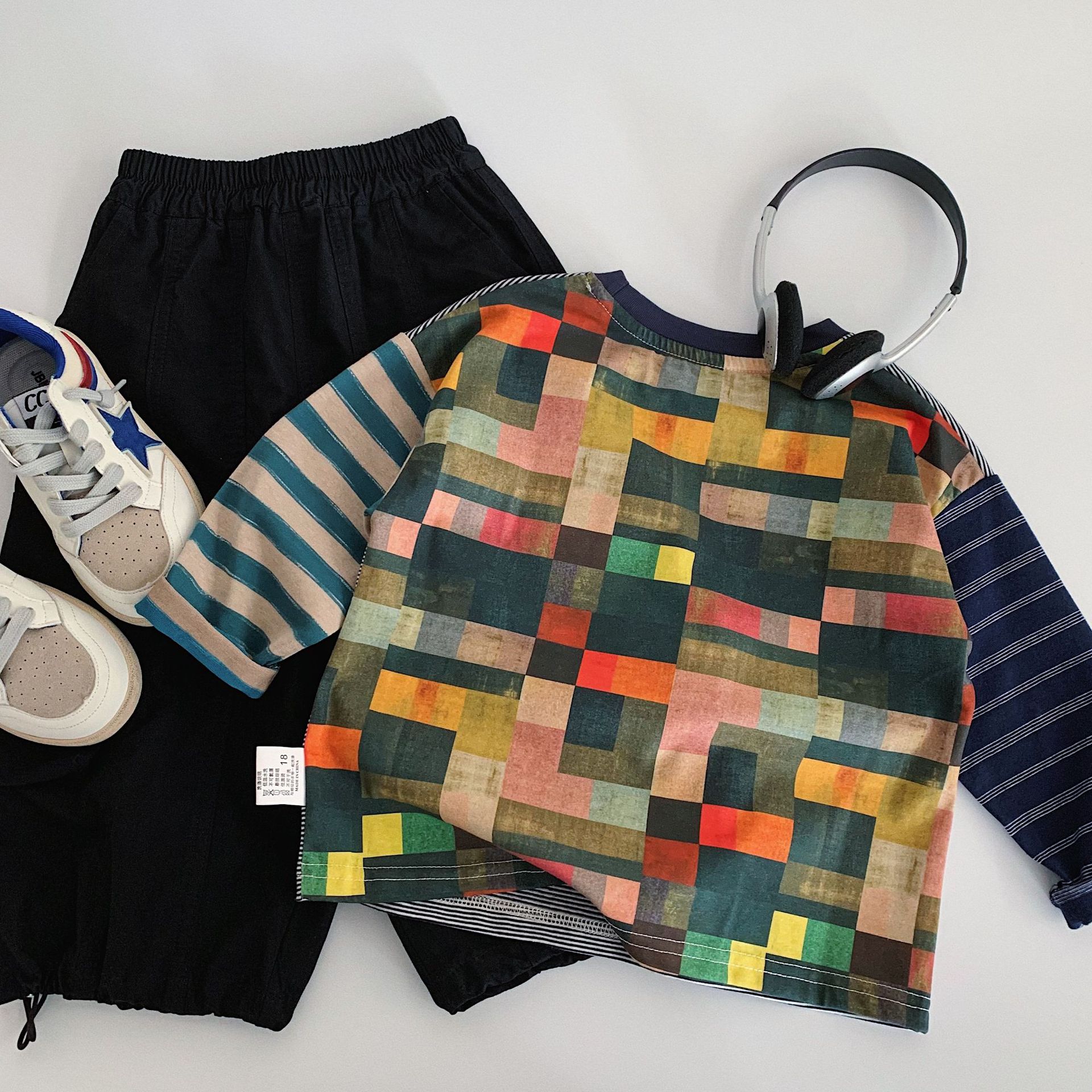 Kids Contrasting Colors Stripe Plaid T-shirt