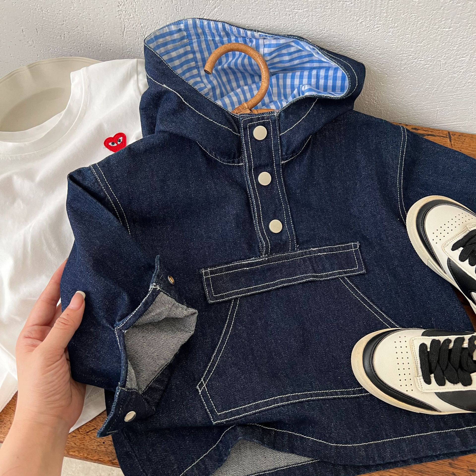 Kids Checkered Lining Denim Outerwear