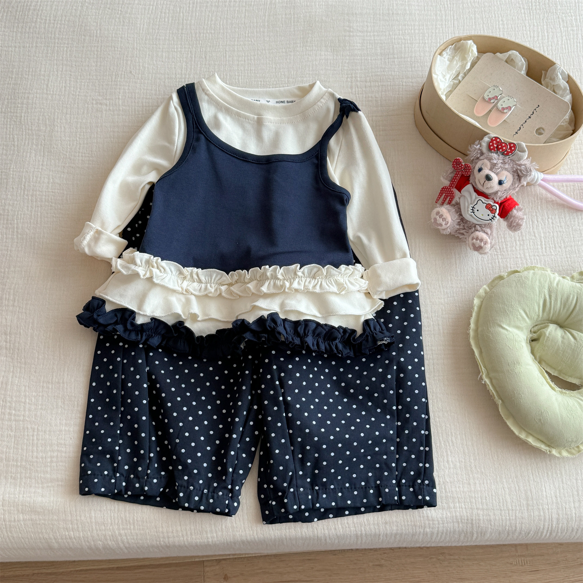 Kids Lace Faux Two-Piece Top and Polka Dot Pants Set