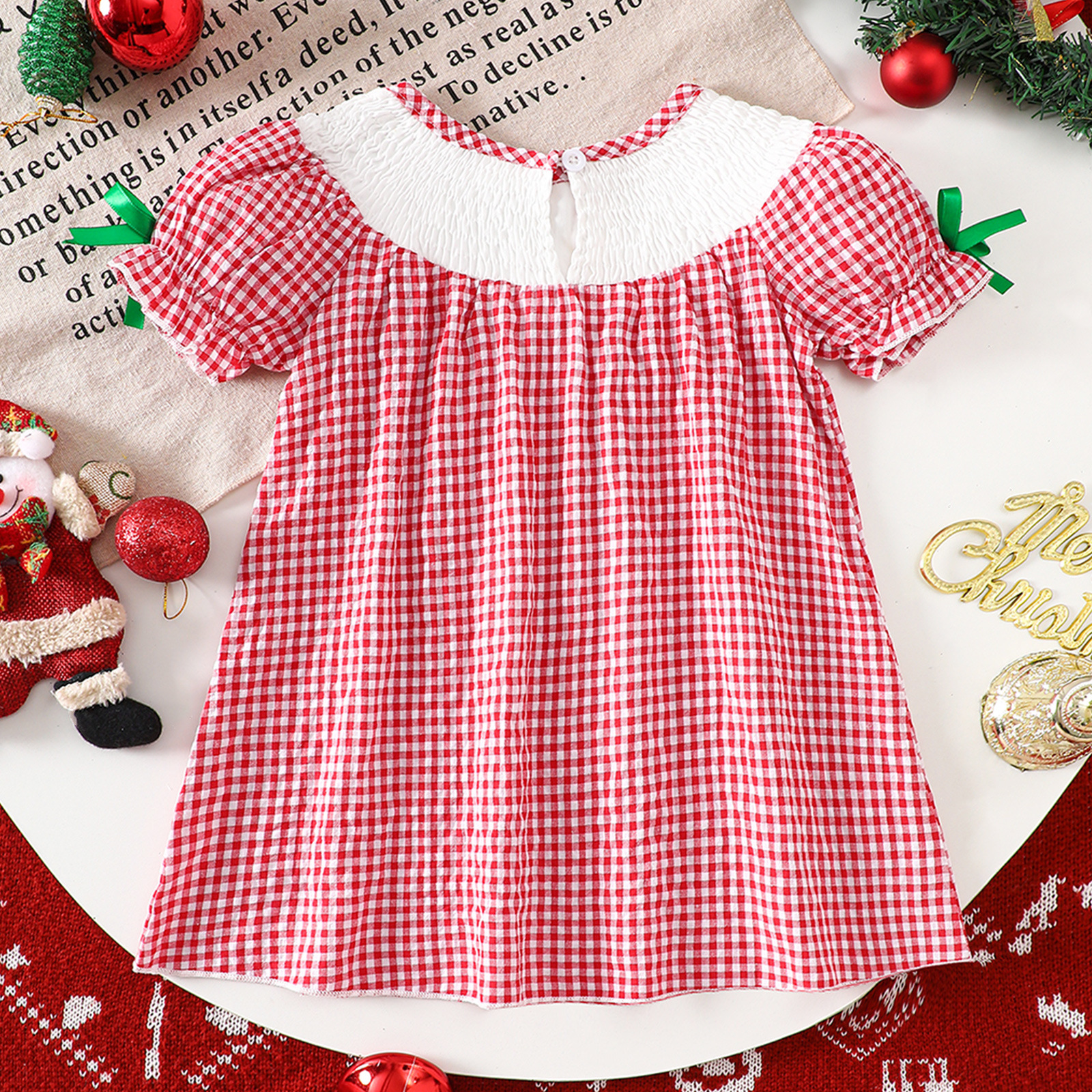 Baby Toddler Santa Claus Puff Sleeves Checkered Dress