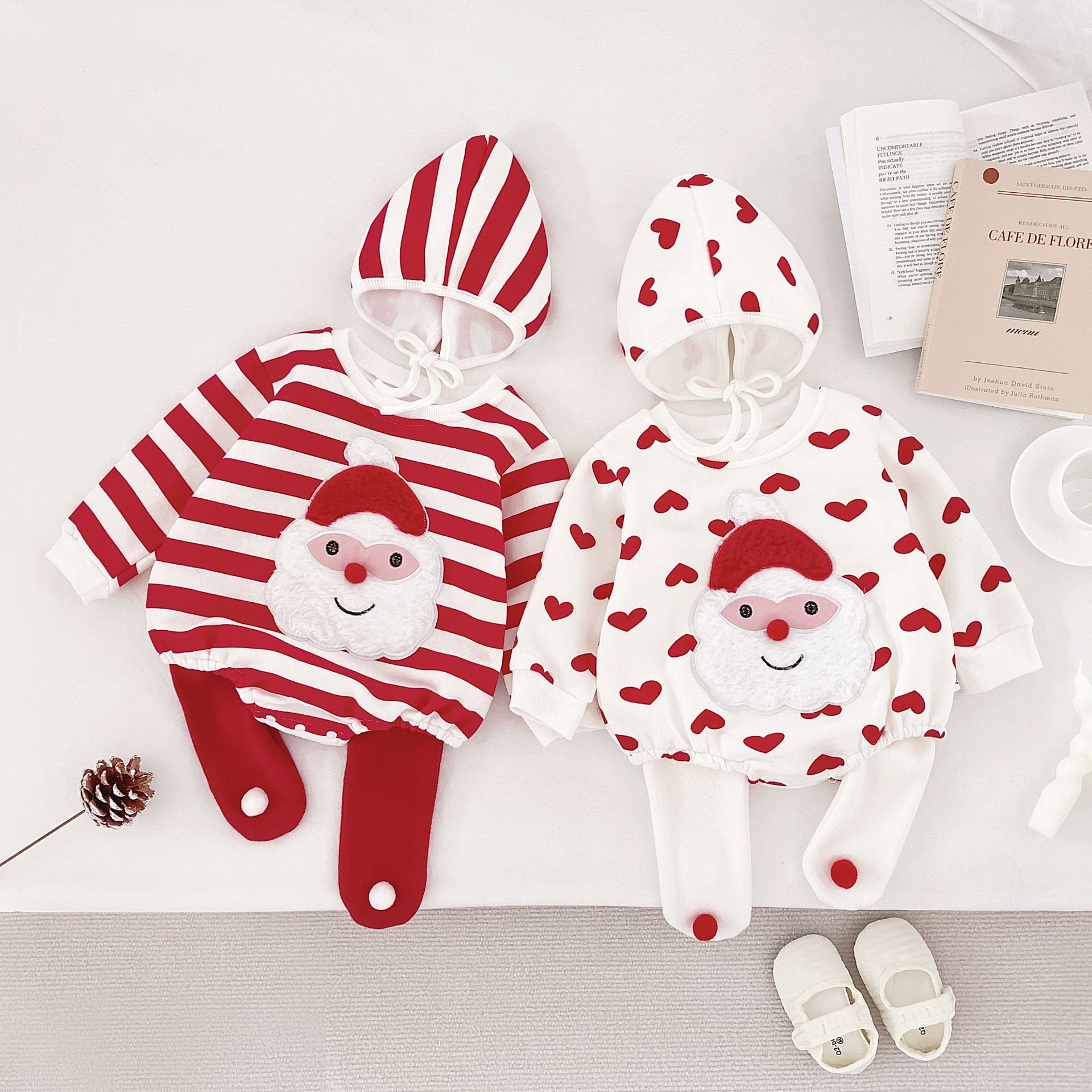 Baby Heart Stripe Santa Claus Onesie and Leggings Hat 3-Piece Set