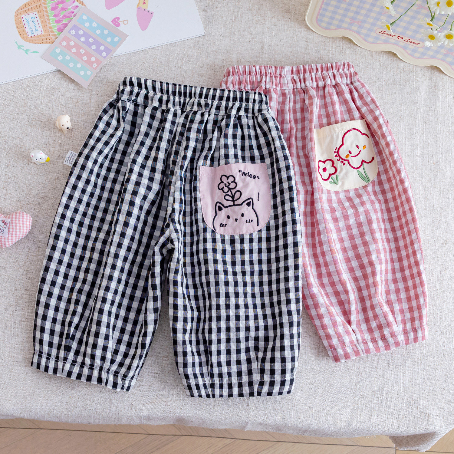 Kids Plaid Flower Loose Pants