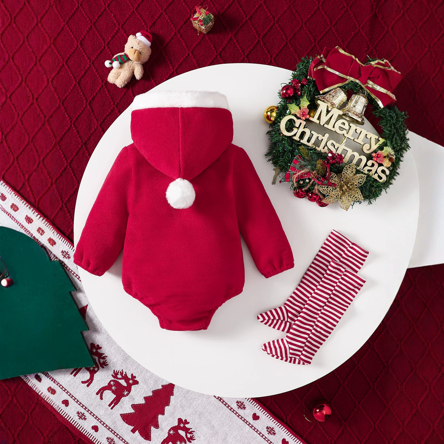 Baby Christmas Fleece Hooded Zipper Onesie With Stripe Socks