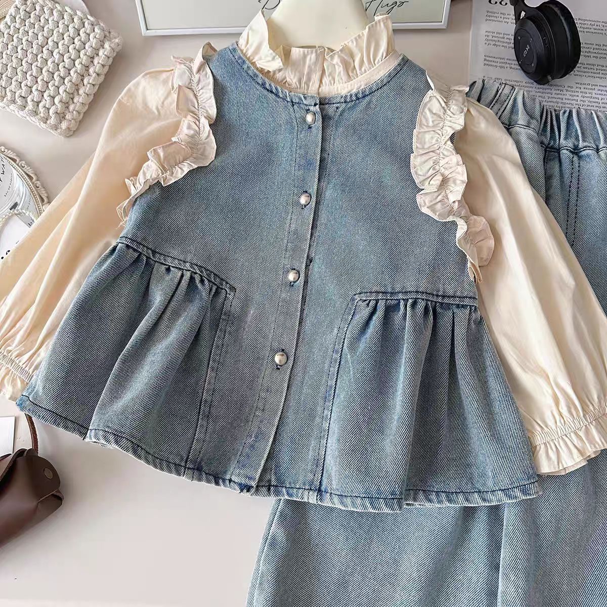 DailyBebe Kids Lace Shirt Denim Vest 3-Piece Set