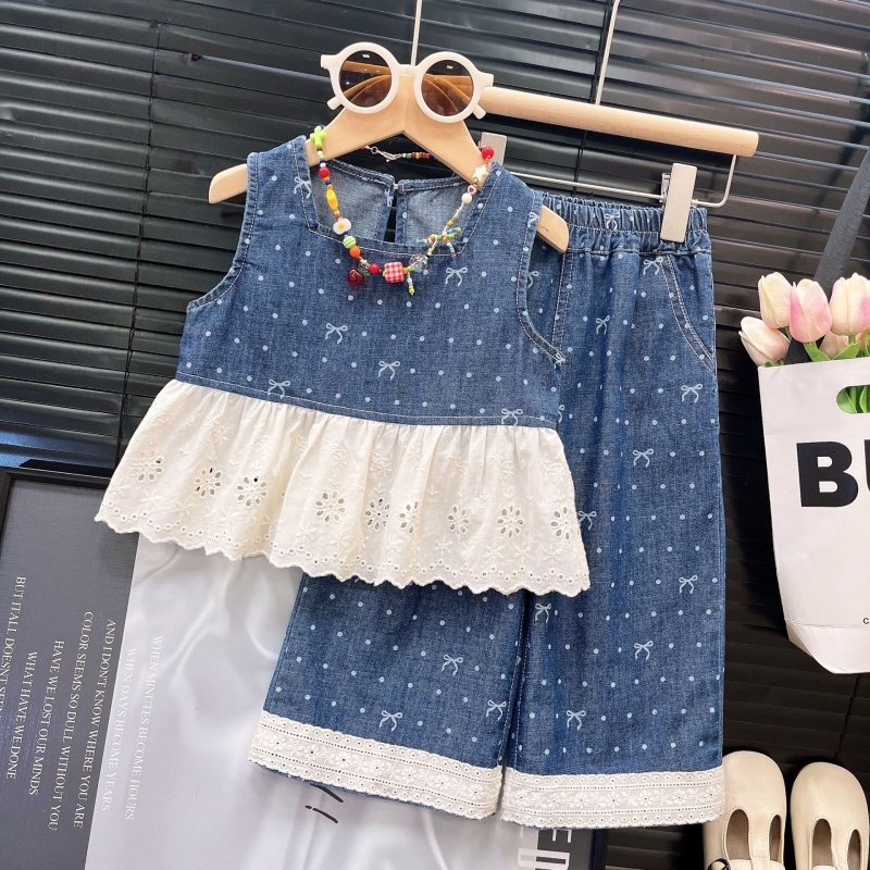 2-Piece Baby Toddler Girls Lace Denim Patchwork Set