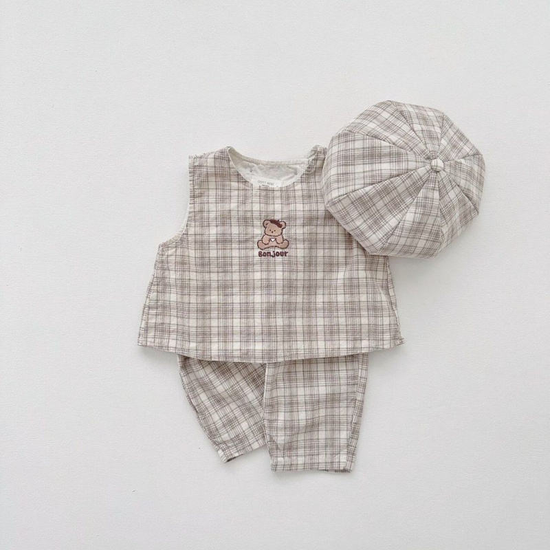 2-Piece Baby Plaid Printed Bear Vest & Pants Set