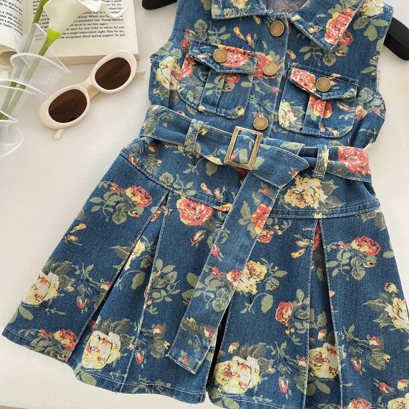 Baby Toddler Girl Floral Print Vest Denim Dress