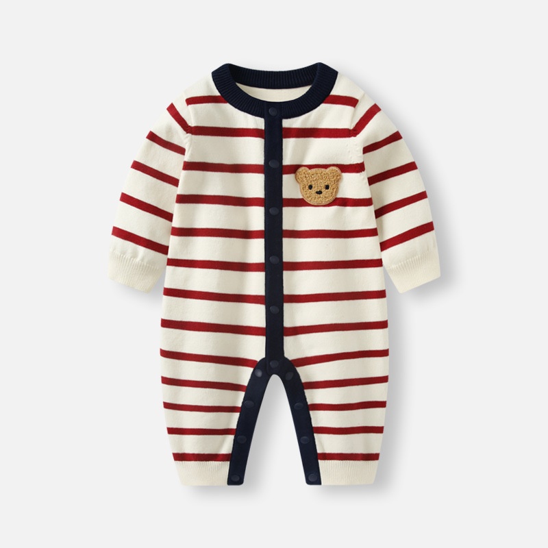 Baby 3D Bear Red Striped Sweater Romper