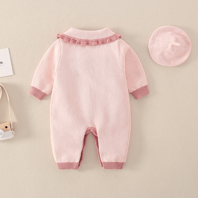 Baby Pink Floral Lace Collar Romper with Hat