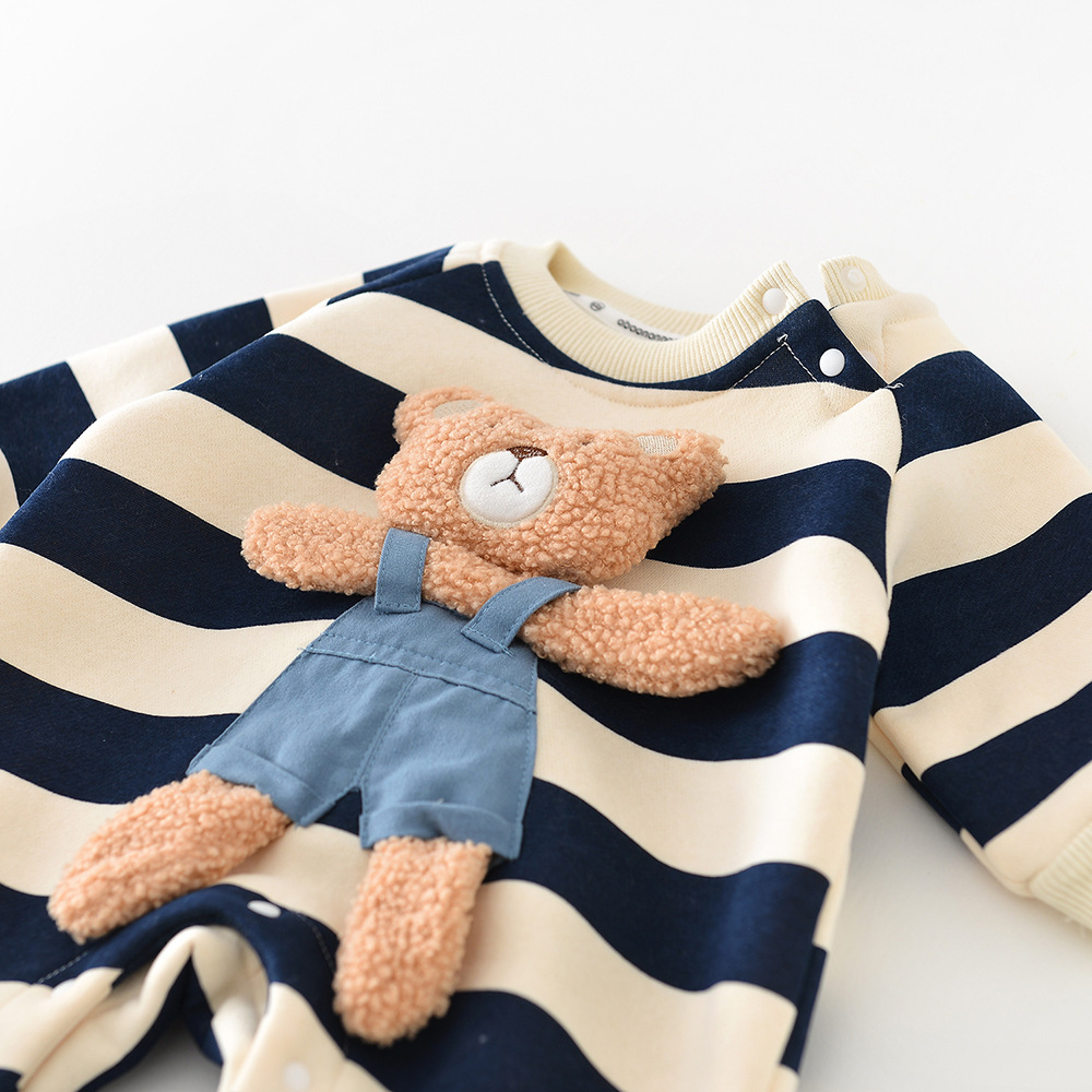 Baby Striped Bear Fleece Lined Romper