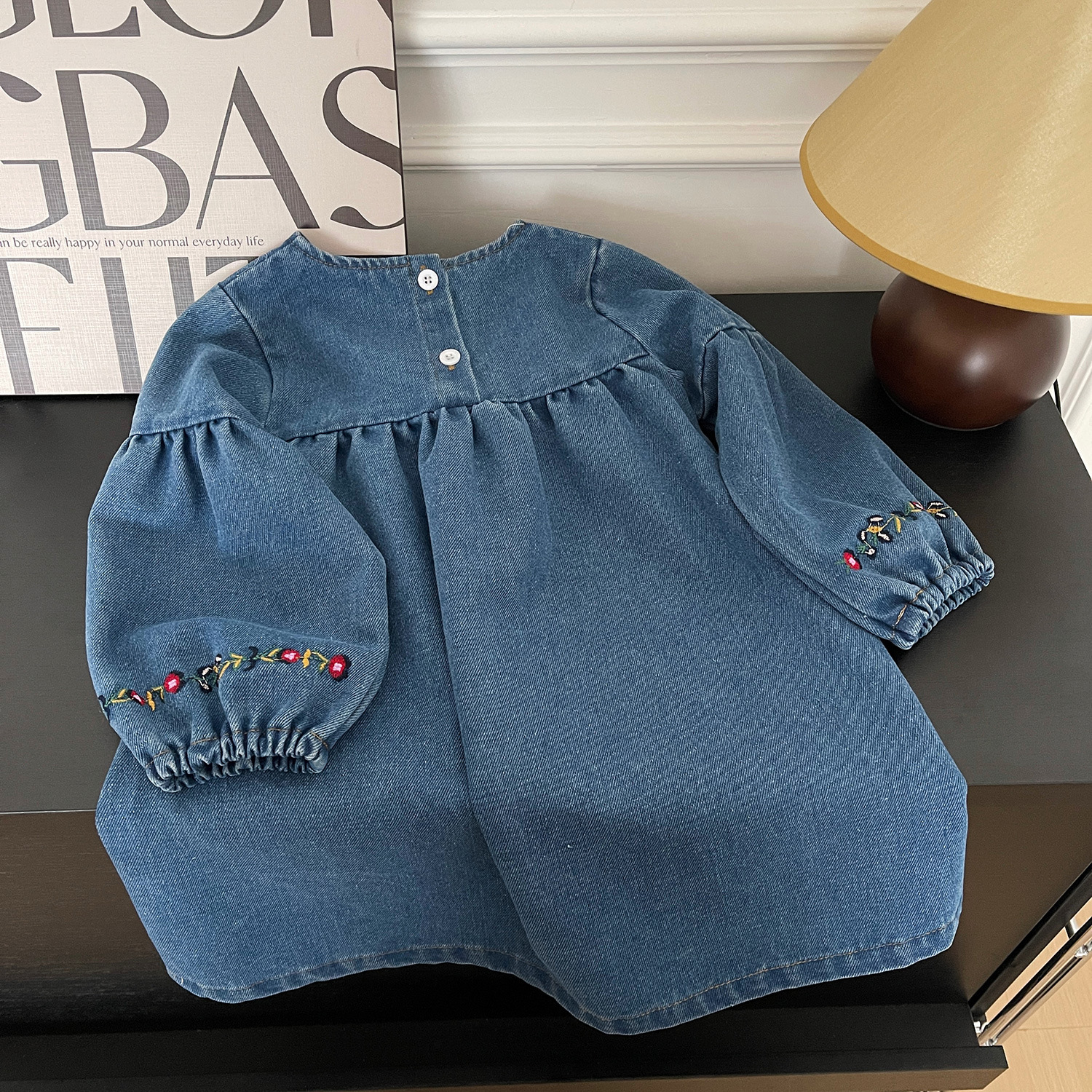 Toddler Kid Girl Floral Embroidered Denim Dress