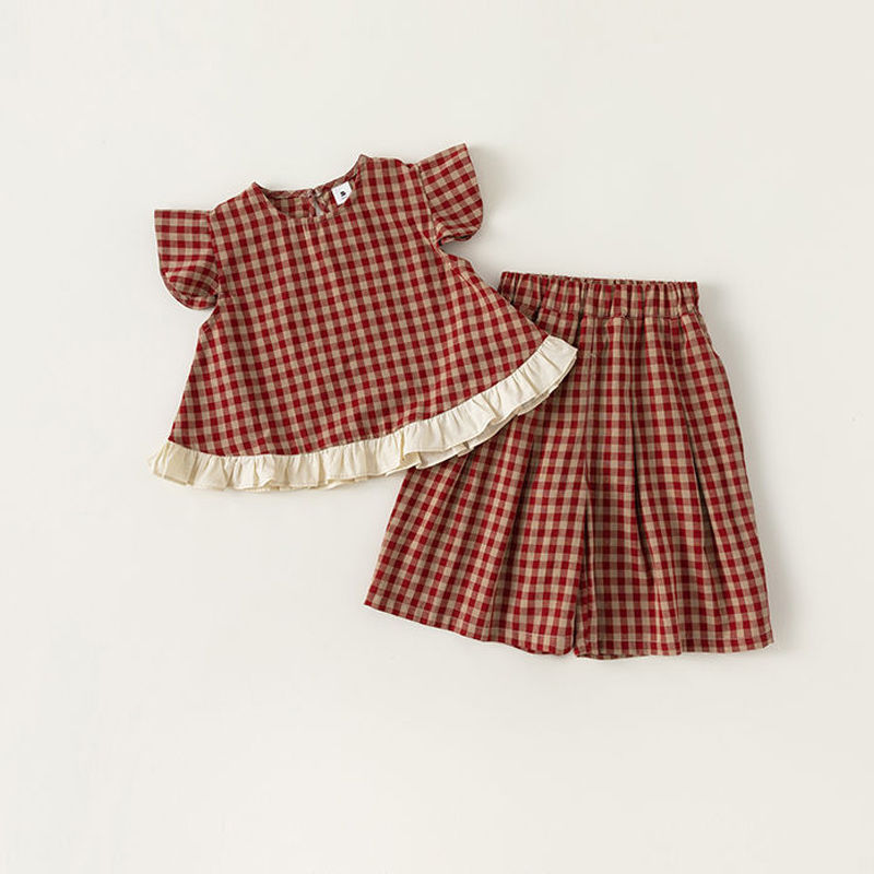 Toddler Kid Girl Plaid Flying Sleeves 2-piece Set