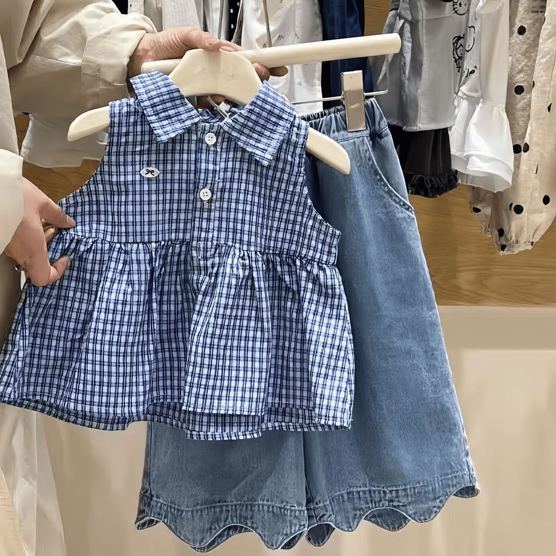 Kids Girl Gingham Blue Top and Denim Pants Set