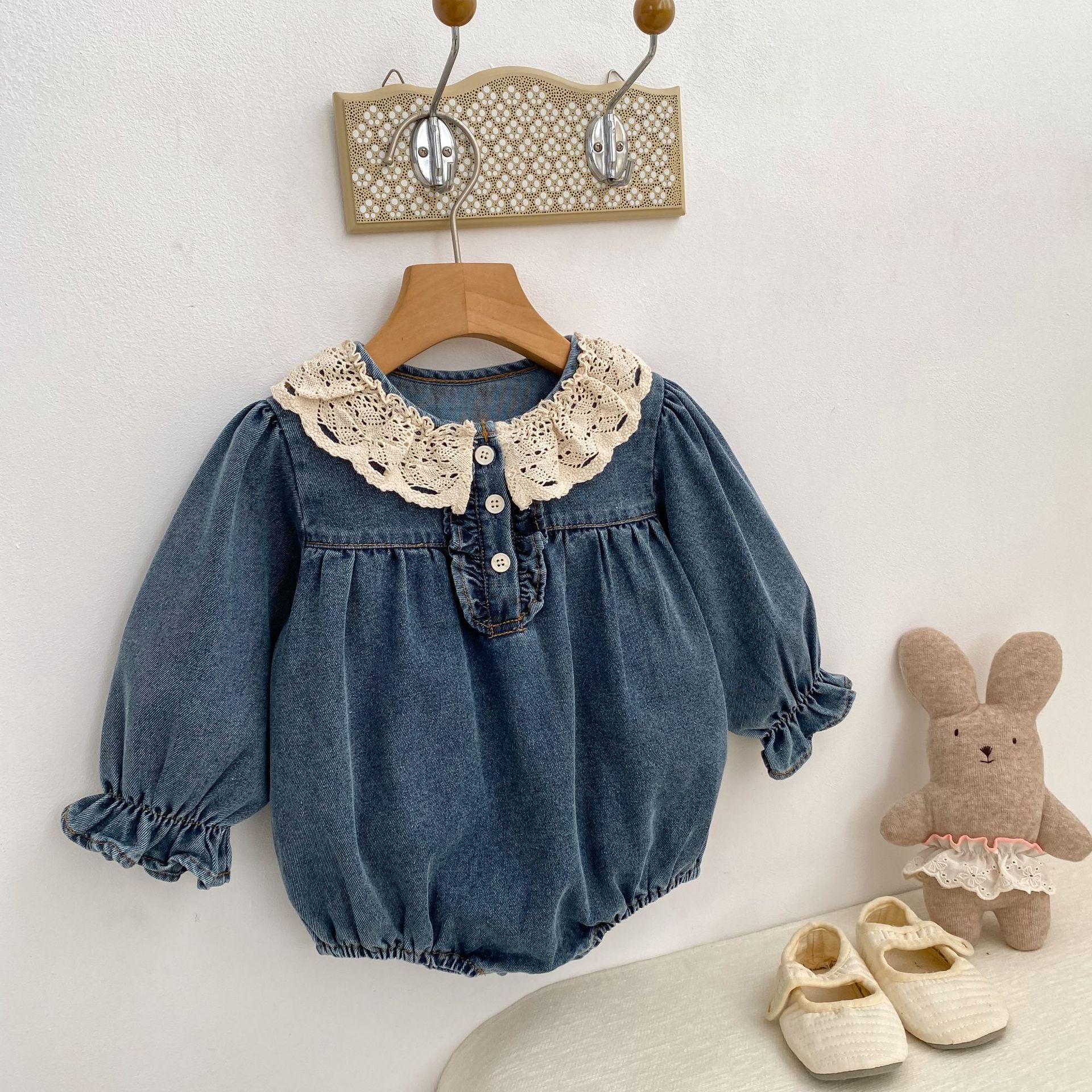 Lace-trimmed Peter Pan Collar Denim Romper