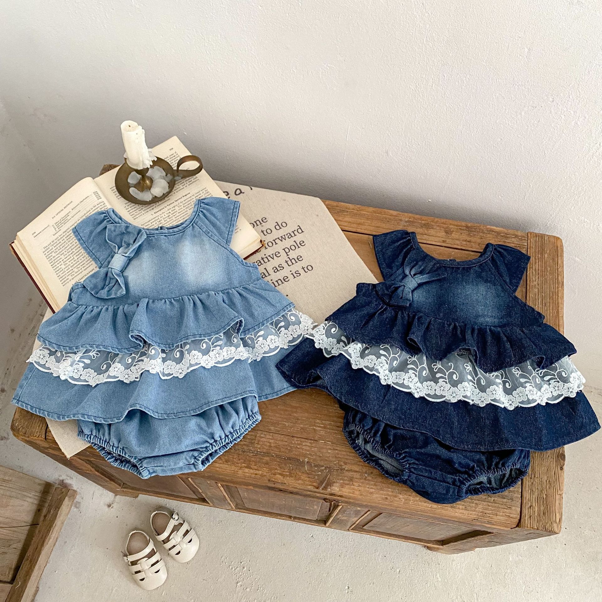 Baby Bow Tie Denim Dress and Shorts Set