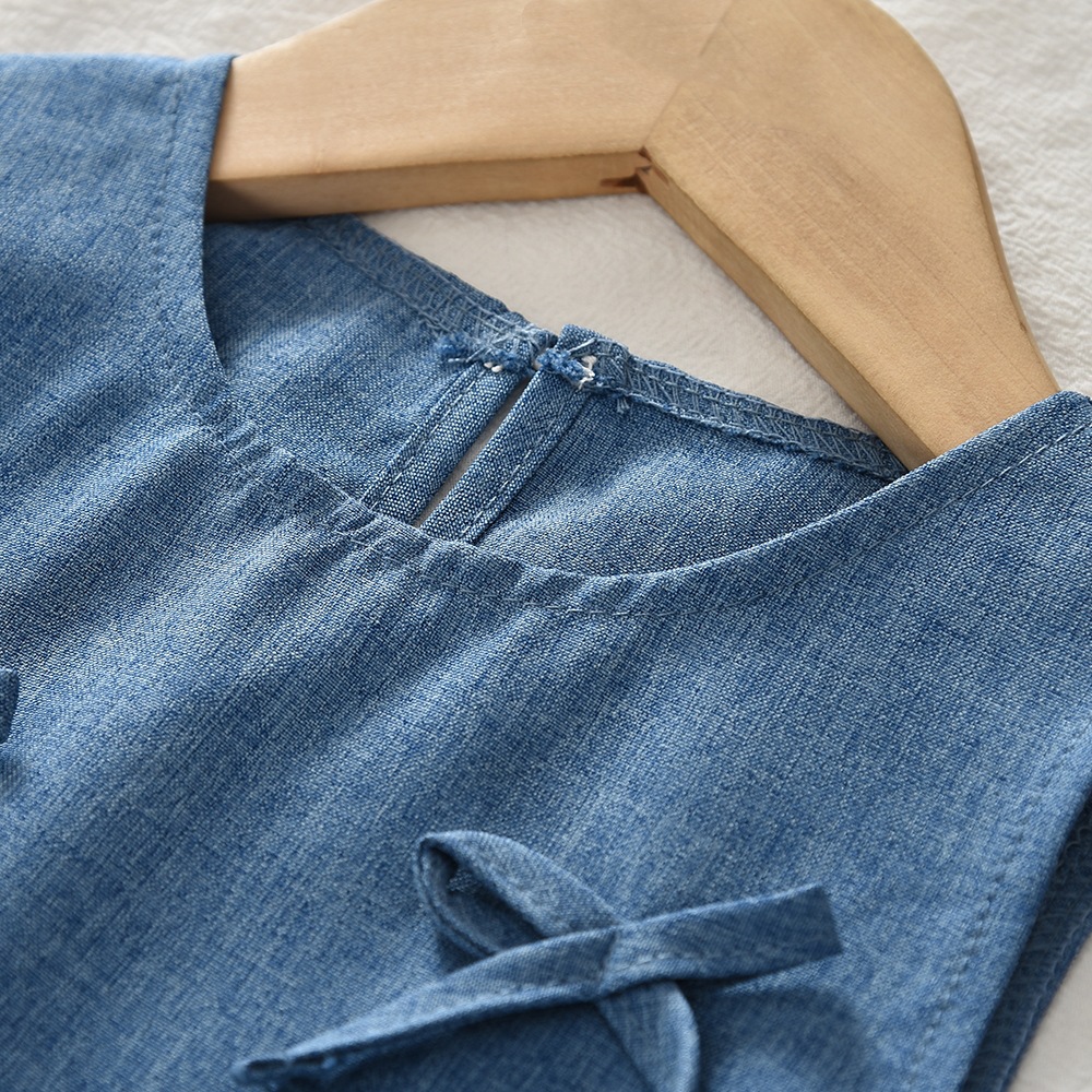 Kid Girls Bow Tie Sleeveless Splicing Denim Set