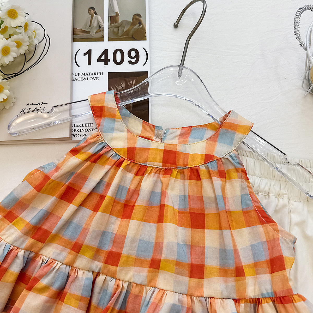 Toddler Kid Girls Orange Gingham Bow Tank Top and Solid White Pants Set
