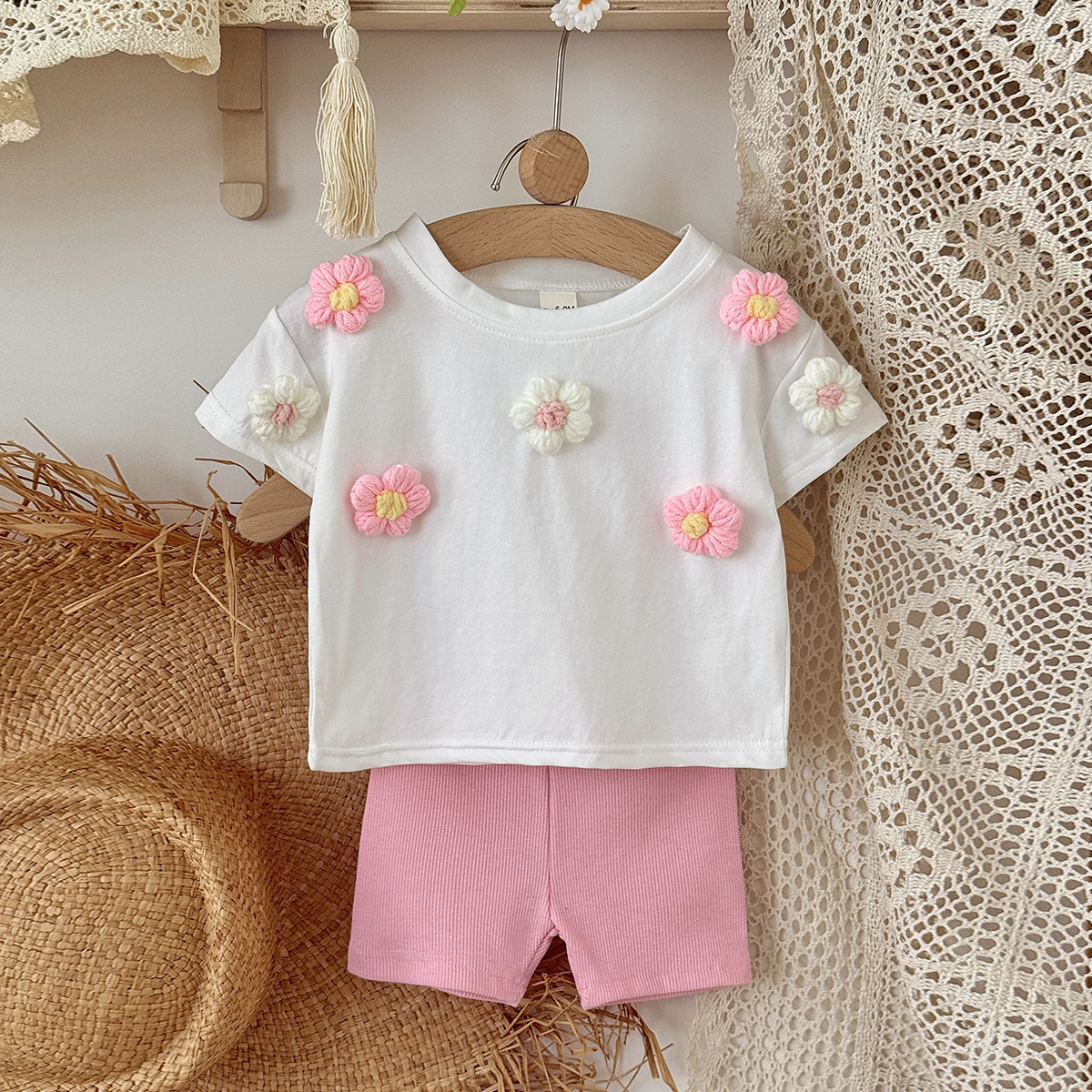 Baby Girls' 3D Floral Short-Sleeve Set