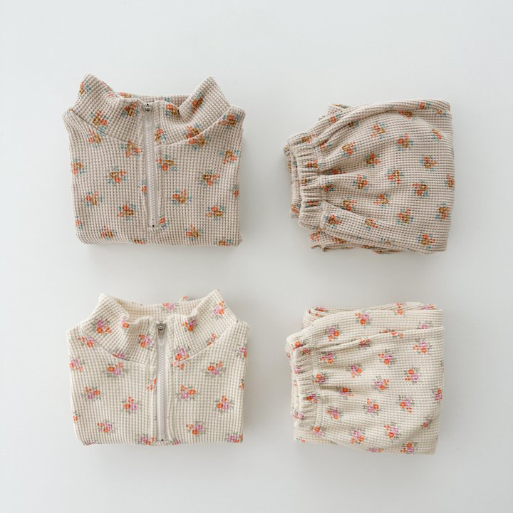 2 Piece Stand Collar Floral Waffle Sweatshirt Set