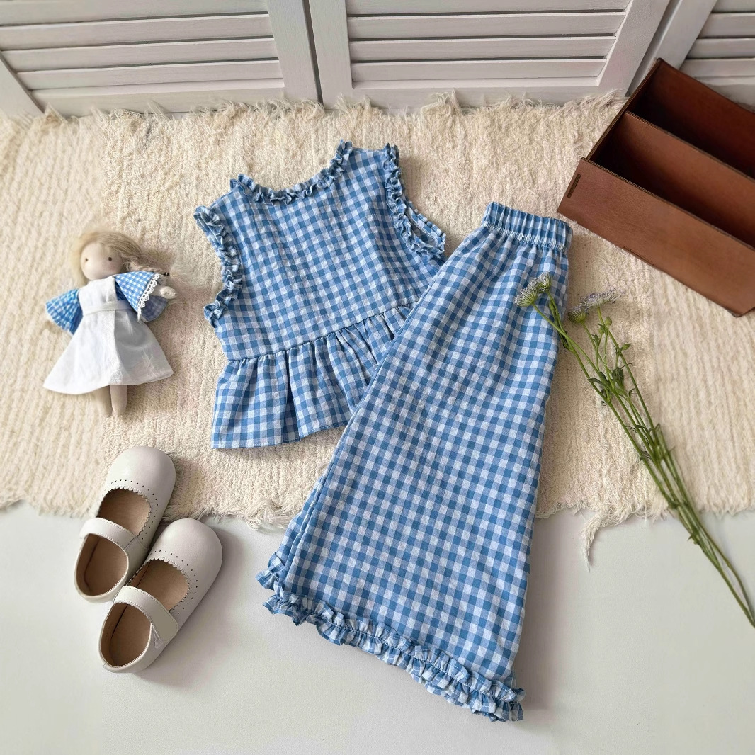 Kid Girls Checkered Lotus Leaf Top & Pants Set