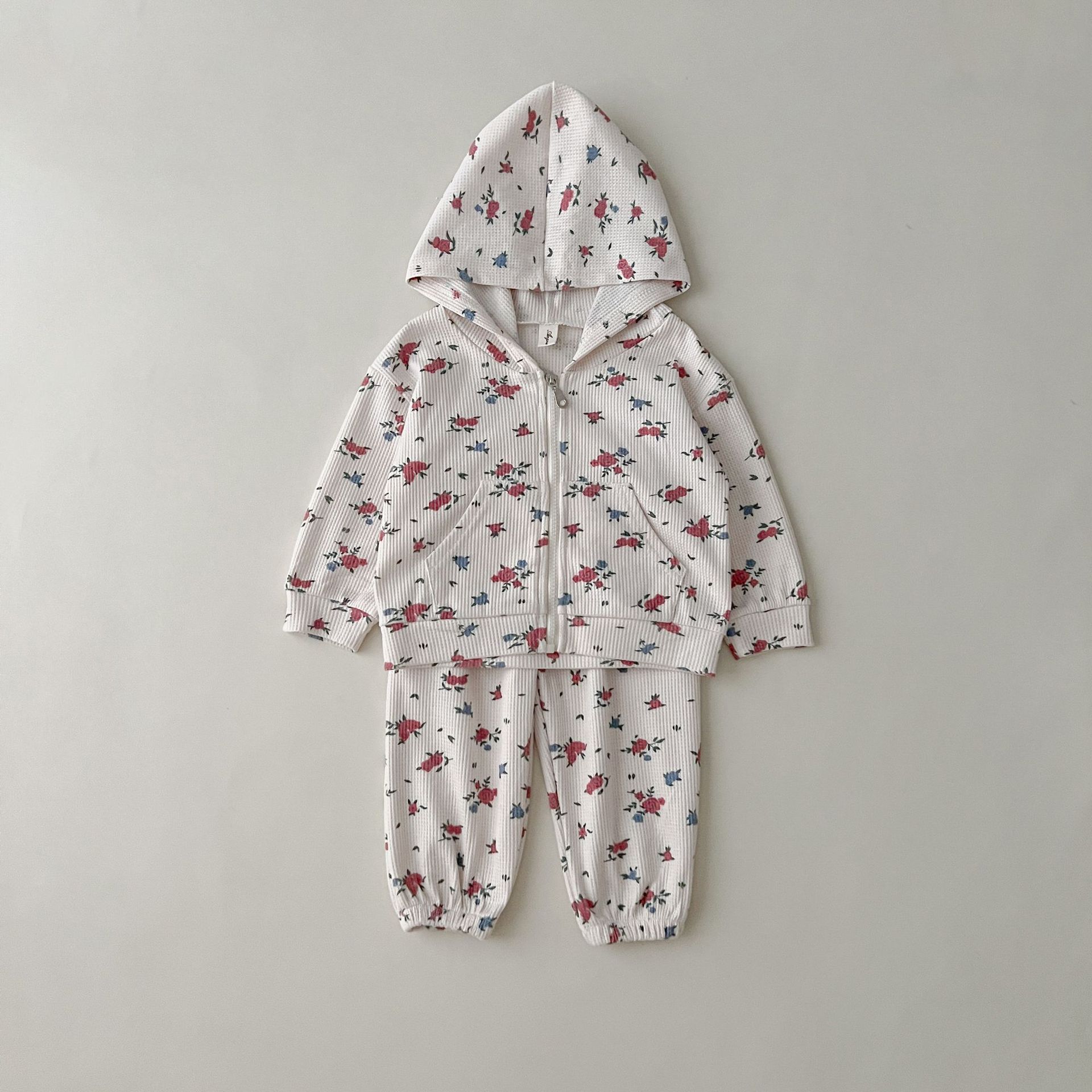 2 Piece Floral Waffle Hooded  Sweatshirt Set