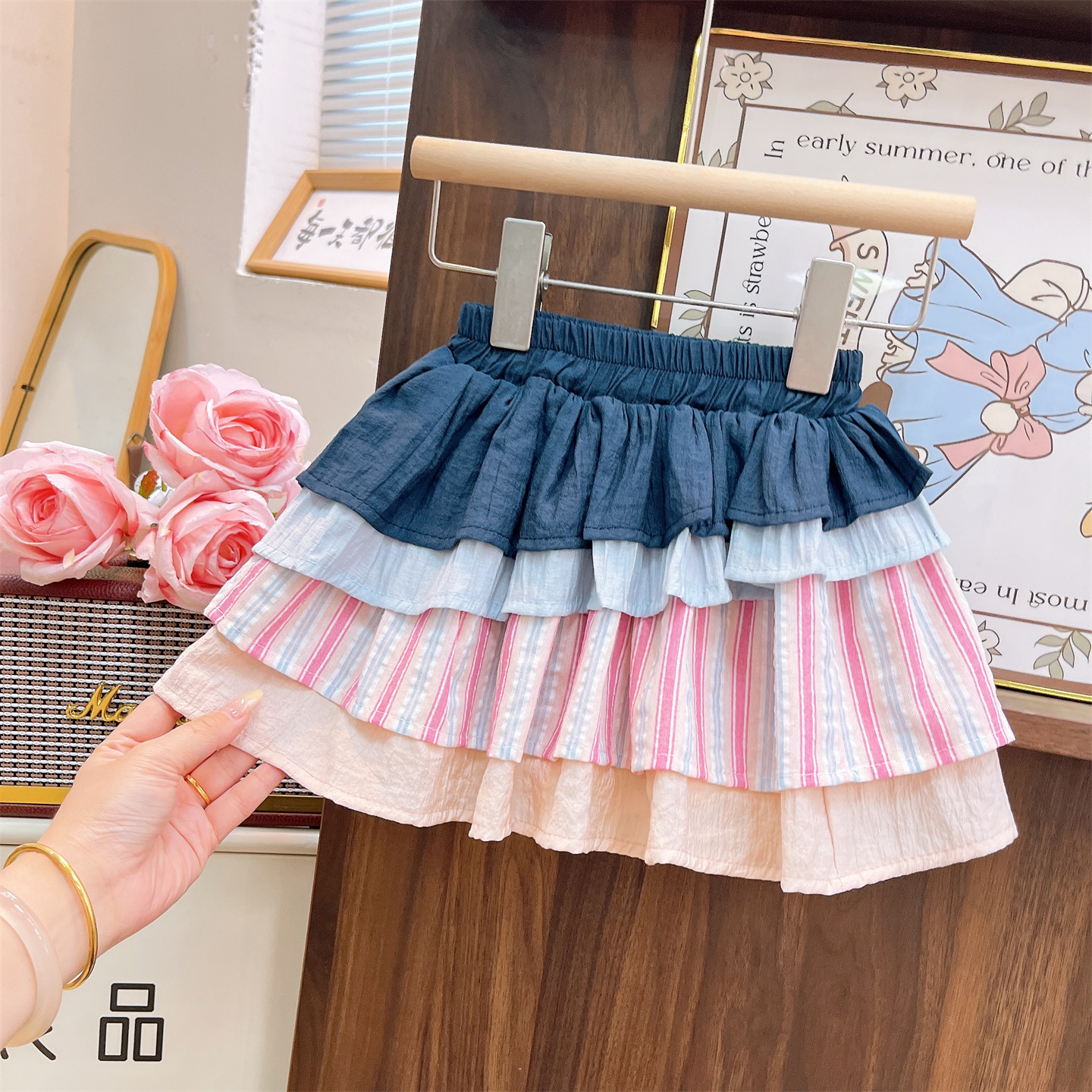 Baby& Kid Cartoon Vest Top and Striped Skirt Set