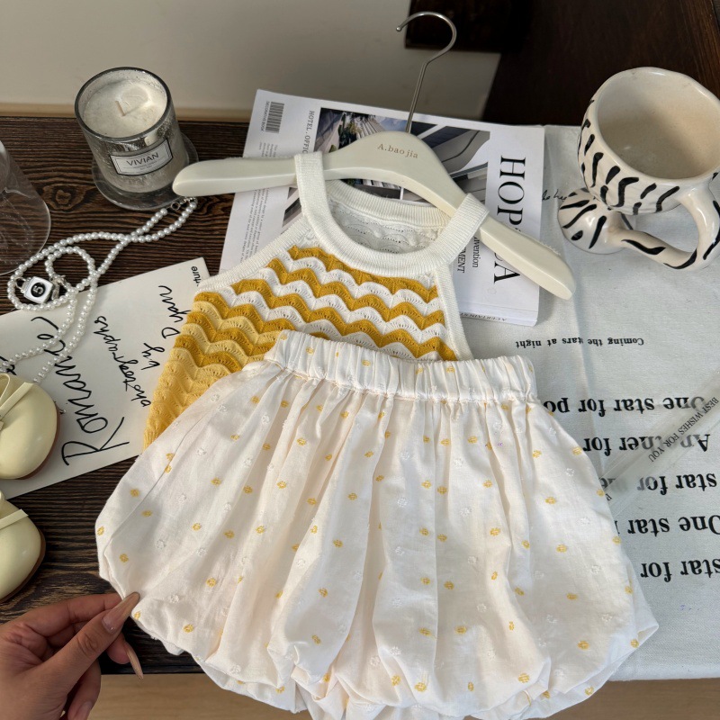 Kids Wave Striped Vest Top and Dot Flower Bud Pants Set