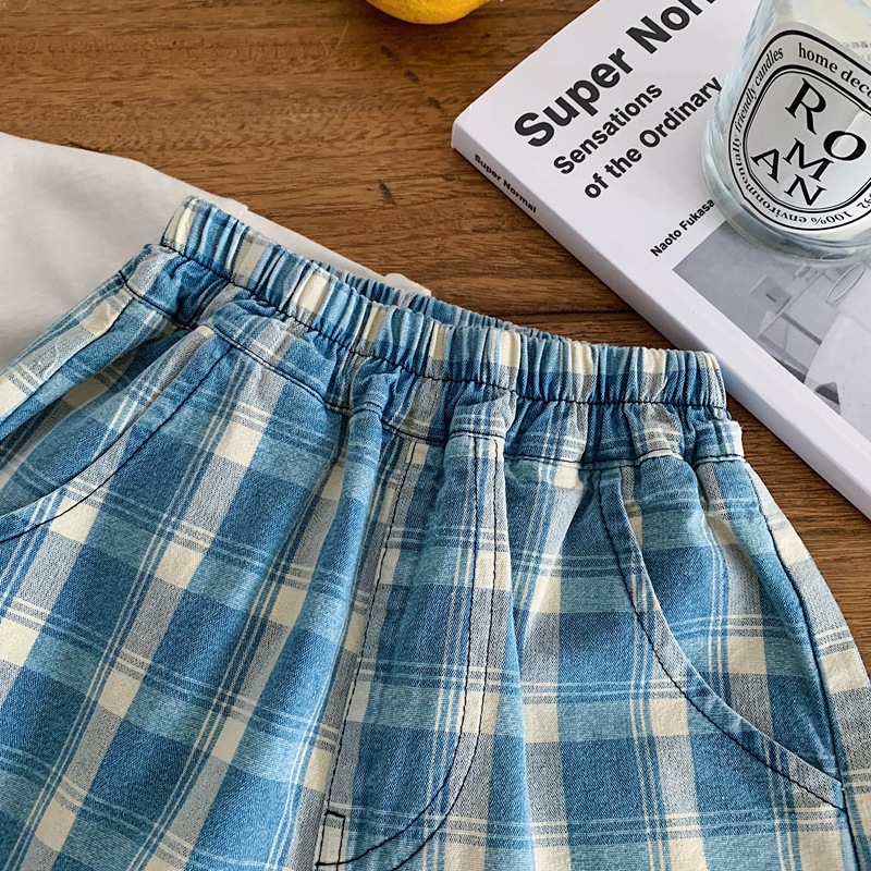 Kids Blue Plaid Jeans Pants