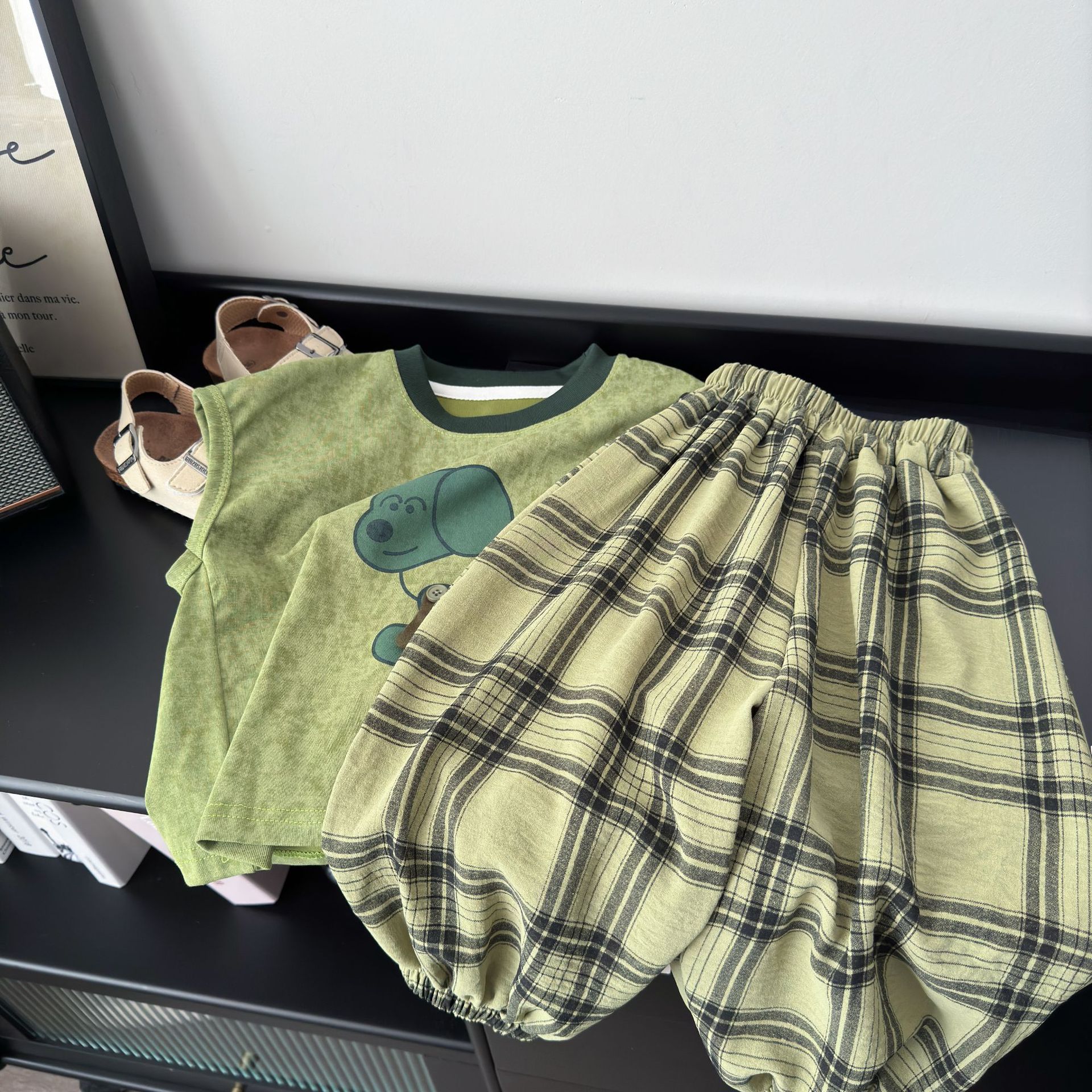 Baby& Kid Dog Pattern Vest Top and Plaid Pants Set