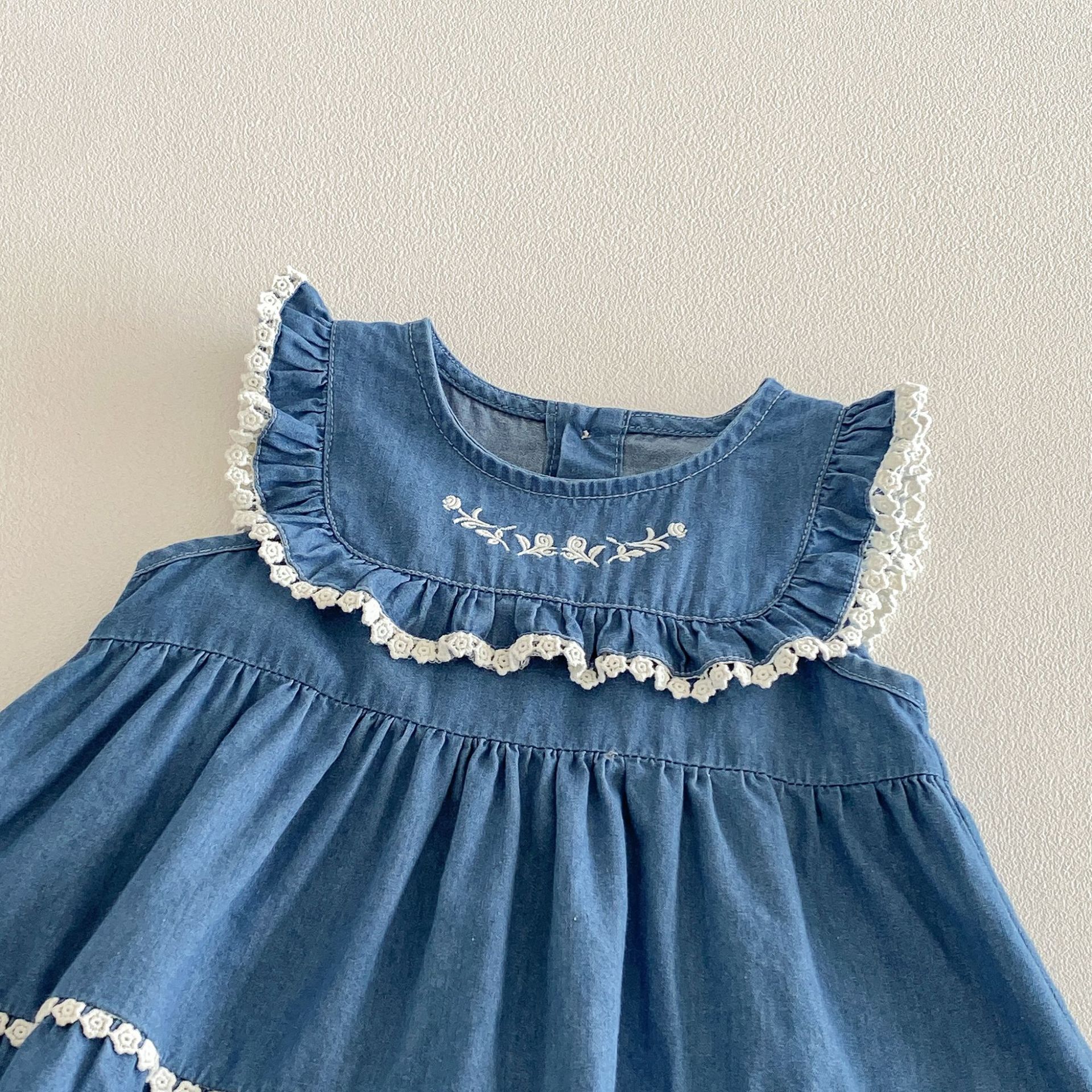 Baby Toddler Flower Lace Sleeves Denim Dress