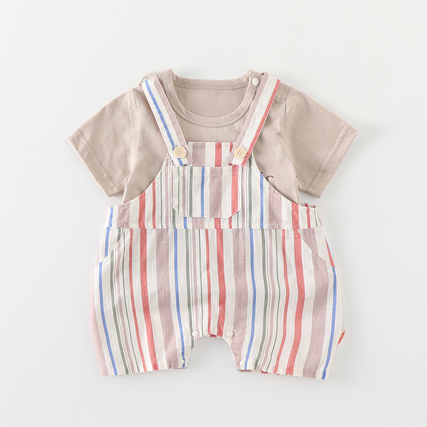 Baby Bear Pattern Top and Vertical Stripes Overalls Set